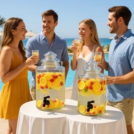 5 Gallon Hammered Glass Beverage Dispenser, Metal Stand, Perfect Drink Container For Parties, Large Glass Water Dispenser With Stand, For Party And Countertop Use