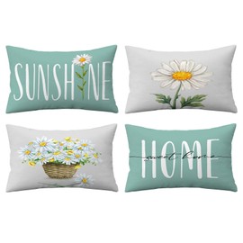 Daisy Pillow Covers 12x20 Set of 4 Summer Throw Pillow Covers Hello Sunshine Pillow Cover Floral Gray Spring Cushion Covers Square Pillow Cases for Couch Sofa Outdoor Home Decorations(12 x20)