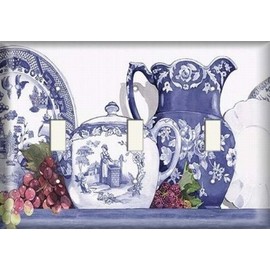 Three Switch Plate - Blue and White Teapot