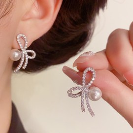 Pearl Bow Earrings for Women Dainty Dangle Rhinestone Studs Trendy Jewelry Gifts 2025
