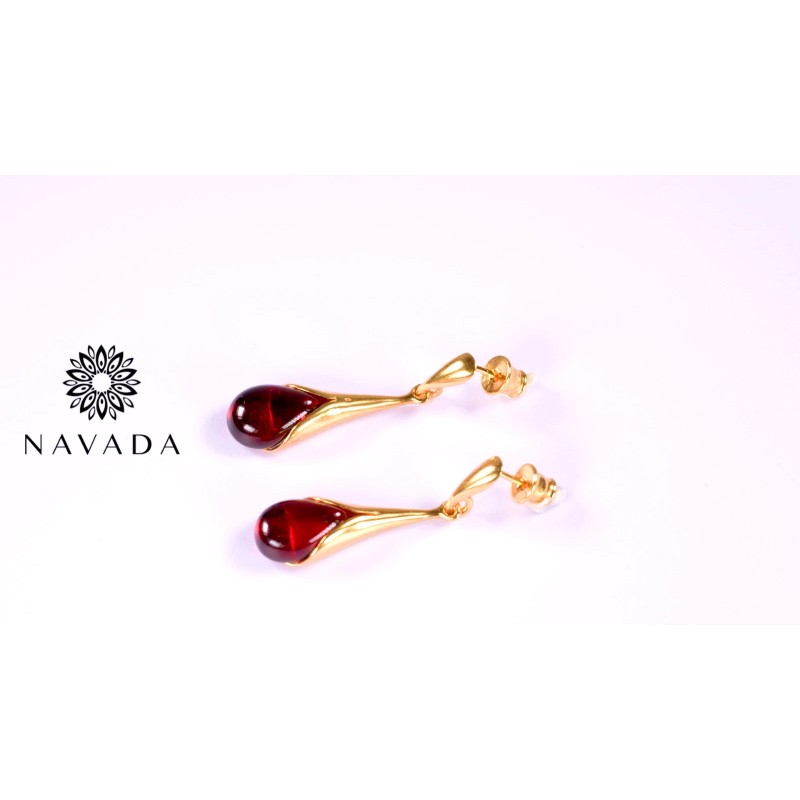 Navada 925 Solid Gold Plated Sterling Silver Red Amber Designer