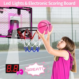HAMSILY Indoor Basketball Hoop for Kids Girls: LED Light Over The Door Mini Basketball Hoop with Electronic Scoreboard Girl Toys Age 5 6 7 8 9 10 11 12 Year Old Girl Birthday Gifts Pink