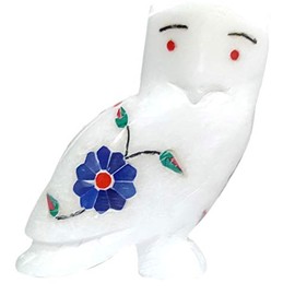 Purpledip Marble Statue 'Ogling Owl': Gemstone Inlay Collectible Showpiece Gift (12111)