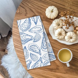 Trenstise Blue Coastal Oyster Kitchen Towels, Beach Bathroom Decor, Retro Blue Ocean Oyster Shell Nautical Decorative Dish Tea Hand Towels for Kitchen Bathroom, 16x24 Inch