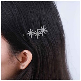Allereya Crystal Starburst Hair Clip Barrette Rhinestone Star Hair Pins Barrette Silver CZ Cluster Star Head Clip Headpiece Crystal Wedding Hair Accessories for Women and Girls (Silver)