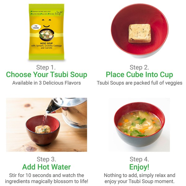 Tsubi Miso Soup FREEZE DRIED, VEGAN INSTANT SOUP, LOW CARB NON-GMO GLUTEN FREE NO MSG, 6 oz Servings (Crunchy Vegetables, Case of 24 (6 x 4 Pack))