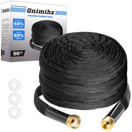 Gnimihz Garden Hose 50ft, Made of TPE(Not PVC), Ultra-Light & Flexible Water Hose with Solid Brass Fittings, Non-Shrinking, Easy to Storage, Drinking Water Safe Material, All-weather, Black, Newbox