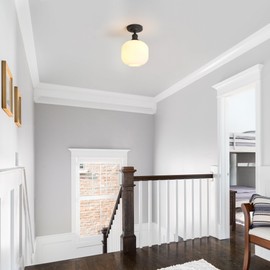 Pathson Vintage Flush Mounted Ceiling Light with Milk White Glass, Modern Ceiling Lamp Fixture for Farmhouse Hallway Foyer Loft Living Room Bedroom Matte Black Finished