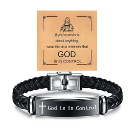 ROYNRAU God is in Control Bracelet for Men Women, Inspirational Braided Leather God Cross Engraved Bar Bracelets Stainless Steel Motivational Encouragement Jewelry Gift for Easter Birthday (Black)