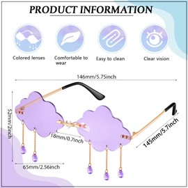 Weewooday 2 Pairs Tassel Clouds Shaped Sunglasses Rimless Men Women 90s Disco Sunglasses (Light Blue, Purple)