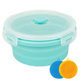 Collapsible Bowl Silicone Collapsible Container Food Storage Containers Collapsible Camping Bowl for Travel Camping Hiking with Airtight Plastic Lids and 2Pack Silicone Dish Sponges- Blue, 350ml