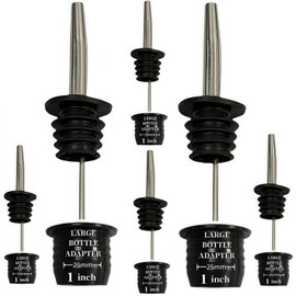 Stainless Steel Classic Bottle Pourers,Black 6 Pack with6 Adapters for Large Neck Bottles,Also for Olive Oil, Juice, Syrup,Converts Any Spout into a Large Pour Spout (6 pac)