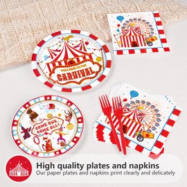 Grencian 200Pcs Carnival Party Decorations Carnival Circus Plates and Napkins Disposable Circus Theme Paper Tableware Set for Birthday Baby Shower Fiesta Party Supplies, Serves 50