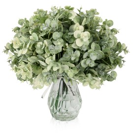 SUMJOK Artificial Eucalyptus Plants with Glass Vase for Farmhouse Home Decor, 4 Bouquet Faux Eucalyptus Stems Fake Eucalyptus Plants in Clear Flower Vase for Home Living Room, Dining Table Decor