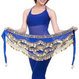 Baisdan Women's Belly Dance Hip Scarf, Belly Dance Skirt Wrap Coins and Colorful Rhinestone Belly Dance Costume Navy Blue
