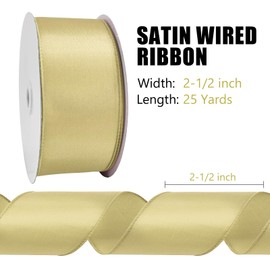 BVIEAKD Lt Champagne Wired Satin Ribbon 2.5 Inch x 25 Yards For Gift Wrapping Crafts Home Decor Wreaths Bows Making