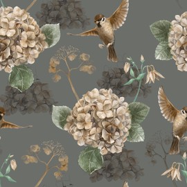 EaseStick Sparrow Hydrangea Floral Wallpaper Pewter Green Botanical Peel and Stick Wallpaper Bird Floral Contact Paper 17.7"x160" Waterproof Removable Vintage Flower Vinyl Wall Paper Mural for Bedroom