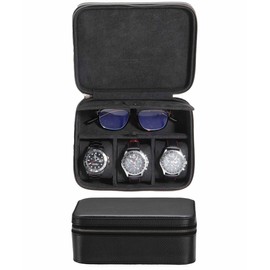 SYENS Genuine Leather Watch Box for Men, Travel Case with Glasses Pocket, Genuine Grain Leather Carry Case for 3 Watches, Watch Travel Roll, Zipper (Black)