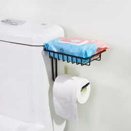 Over The Tank Toliet Paper Holder with Phone Shelf,Bathroom Toilet Paper Roll Holder Matte Black,Wall Mount and Adhesive Toilet Paper Holder(Free Installation),10-Years Warranty