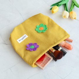 KWAMSOOK Mustard Flower Makeup Bag For Women - Corduroy Cosmetic Bags Ladies Tote Bag, Women's Pencil Case, Handmade Makeup Organizer with Zipper, Yellow