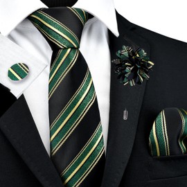GUSLESON Black and Dark Green Tie for Wedding Mens Yellow Striped Necktie Pocket Square Cufflinks and Lapel Pin Brooch Set (6108-37)