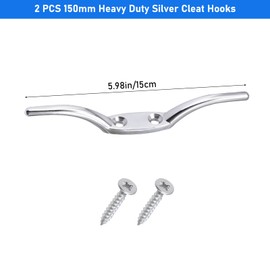 KIBBEH 2PCS 150mm Heavy Duty Silver Cleat Hooks - Extra Long Rust-Proof Metal Rope Cleats for Flagpoles, Boat Docks, Kayaks, Washing Lines - Weather-Resistant & Easy Mounting Marine Hooks