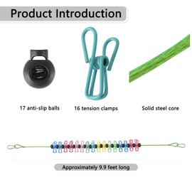 ISQ Steel Core Clothesline with 16 Clothespins 17 Anti-Slip Balls, Heavy Duty Portable for Indoor Outdoor Camping RV Balcony(2 Piece)