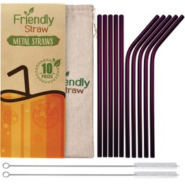 Friendly Straw 10 Pack 8.5" x .25" Reusable Metal Straws, 5 Straight 5 Elbow Stainless Steel Drinking Straws With Free Brushes and Pouch (Purple Finish)