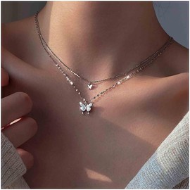 JINJIASC Butterfly Silver Choker Necklace for Women Double Layered Clavicle Chain Shiny Necklace Dainty Gifts Party Jewelry Gift (Silvery)