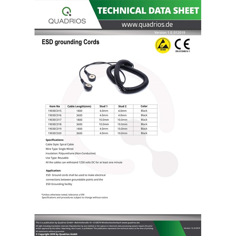 QUADRIOS GmbH ESD Protection Spiral Cable Earth Cable 10 mm