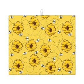 Dish Drying Mat for Kitchen Counter, 16x18 Inch Non Slip Absorbent Microfiber, Bee Reversible Dish Rack Mat, Machine Washable Counter Protector