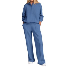 PRETTYGARDEN Women Fall 2 Piece Outfits Sweatsuits Quarter Button Long Sleeve Sweatshirt Wide Leg Pants Tracksuit Lounge Sets(Blue,X-Large)