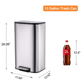 50 Liter/13.2 Gallon Step Trash Can with Inner Liner - Fingerprint Resistant Finish, with Soft-Close Foot Pedal, Brushed Stainless Steel