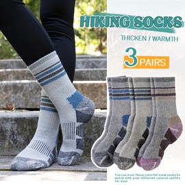 SeeyAN Merino Wool Hiking Socks Womens Mens Thermal Winter Boot Thick Cushion Warm Crew Socks 3 Pairs (Black/Blue/Purple#S, Large)