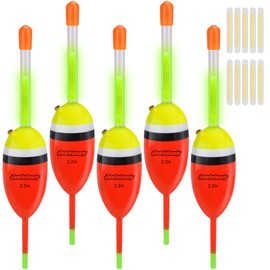 QualyQualy 5Pcs Lighted Fishing Bobbers EVA Foam Fishing Floats and Bobbers + 10Pcs Fishing Glow Sticks, Night Fishing Light Up Bobbers (Red, 2.2'' - 5Pcs)