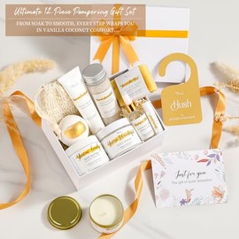 Regalos de spa para mujeres, juego de cuidado personal de vainilla y coco, cestas de cumpleaños, Navidad, kit relajante para el hogar, regalo de baño y cuerpo de lujo para mamá, su hermana, profesora
