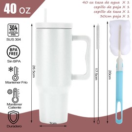 40oz Termos para Agua, 304 SUS Vaso Térmico Termo con Pajita y Cepillo, Vaso aislado al aspiradora de acero inoxidable para café, agua, licuado, Mantener Caliente y Frío, Blanco