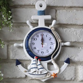 BESPORTBLE Anchor Clock Mediterranean Style Wall Clock Beach Sea Theme Nautical Ship Wheel Decor Wall Hanging Decoration
