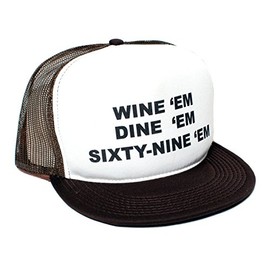 Wine Em Dine Sixty Nine Em 69 Flat Bill Unisex-Adult One-Size Trucker Hat (Brown/White)
