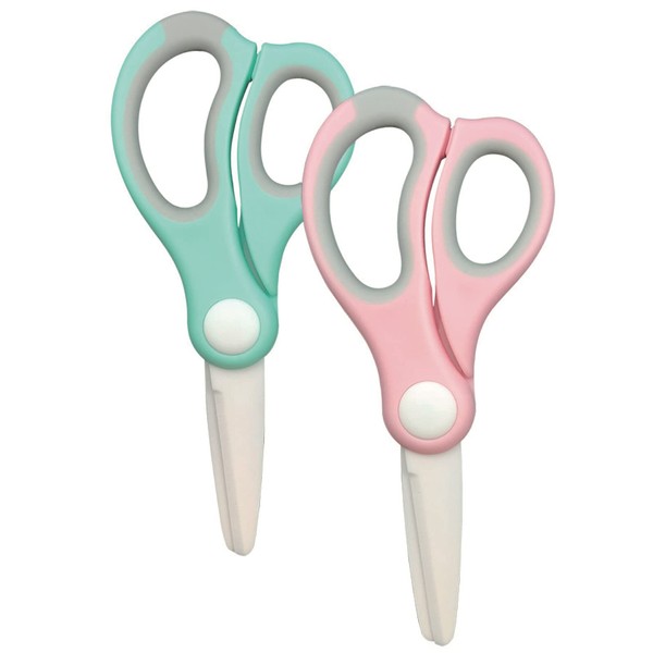 Ceramic Scissors for Baby Food,Safety Healthy BPA Free and Portable Toddler Shears with Protective Blade Cover and Travel Case, 2 Pack(Pink and Green)