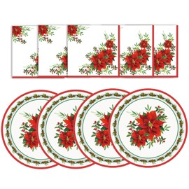 WRXVVTSV 50PCS Christmas Poinsettia Party Supplies – 25 Red & Green Holiday 9 Inch Plates Napkins – Disposable Xmas Dinnerware for Christmas Party, Holiday Gathering, Winter Celebration