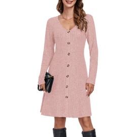 MOLERANI Women V Neck Long Sleeve Fall Dresses 2024 Knee Length Knit Casual Sweater Dress Button A Line Flowy Dresses,Coral Pink,S