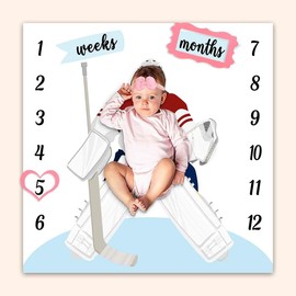PHMOJEN Baby Monthly Milestone Blanket, Hockey Clothing Month and Age Blanket for Nursery, Girl 1-12 Months, Includes 4 Frame and 1 Headband 40"x40" BTLSPH287