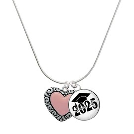 Delight Jewelry Silvertone Large Pink Enamel Heart with Swirl Border Script Class of 2025 Dome Charm Necklace, 18"