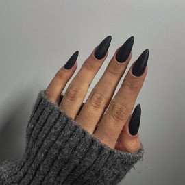 Matte Black Press on Nails Almond Shaped Medium Almond Nails Press on Neutral Acrylic Nails Reusable Fake Nails for Women, Glue on Nails Medium Length Stiletto False Nails Soft Gel Artificial Nails