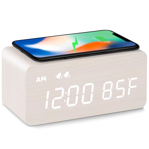 MOSITO Digital Wooden Alarm Clock with Wireless Charging, 0-100% Dimmer,