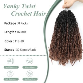 Yanky Twist Crochet Hair - 16 Inch Yanky Twist Pre Looped Crochet Hair 8 Packs Crochet Twist Crochet Hair Extensions 1B/30 Bohemian Passion Twist Hair for Black Women