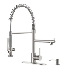 Fapully Commercial Pull Down Kitchen Sink Faucet with Sprayer Brushed Nickel Single Handle Faucet for Kitchen Sink, Kitchen Faucet with Soap Dispenser and Deck Plack for 4 Hole