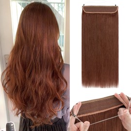 Benehair Human Hair Extensions Thick Ends Invisible Wire Real Human Hair with 2 Fish Lines Thicker Hairpieces 16 Inch 90g Dark Auburn Hair Extensions Straight Thicker Hairpieces for women #33