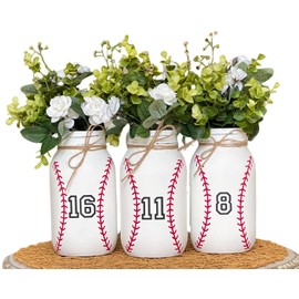 Baseball Mason Jar Centerpiece Set, White with Red Stitching, Baseball Decorative Vases, Farmhouse Decor, Set of 3 (3 Quart Size Jars - with Flowers)